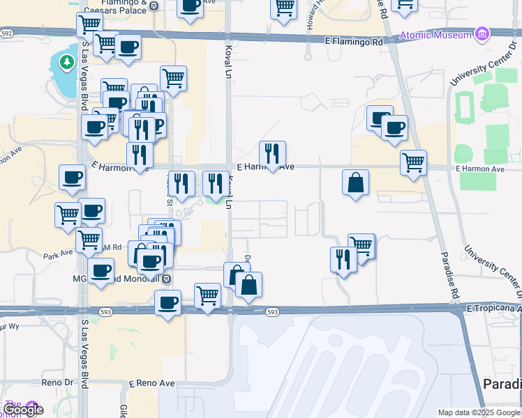 map of restaurants, bars, coffee shops, grocery stores, and more near 4630 Koval Lane in Las Vegas