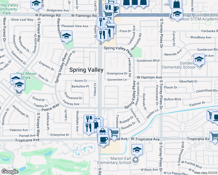 map of restaurants, bars, coffee shops, grocery stores, and more near 6855 Groveview Lane in Las Vegas