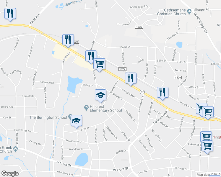 map of restaurants, bars, coffee shops, grocery stores, and more near 301 Somers Avenue in Burlington