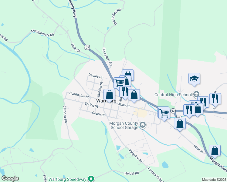 map of restaurants, bars, coffee shops, grocery stores, and more near 3910 Morgan County Highway in Wartburg