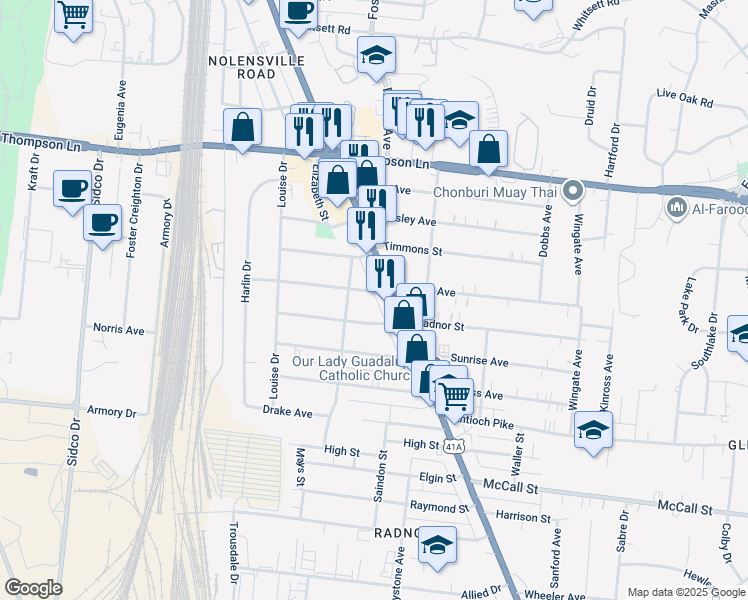 map of restaurants, bars, coffee shops, grocery stores, and more near 3015 Nolensville Pike in Nashville