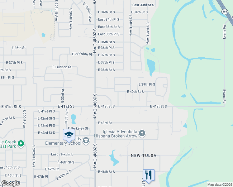 map of restaurants, bars, coffee shops, grocery stores, and more near 21165 East 40th Street South in Broken Arrow