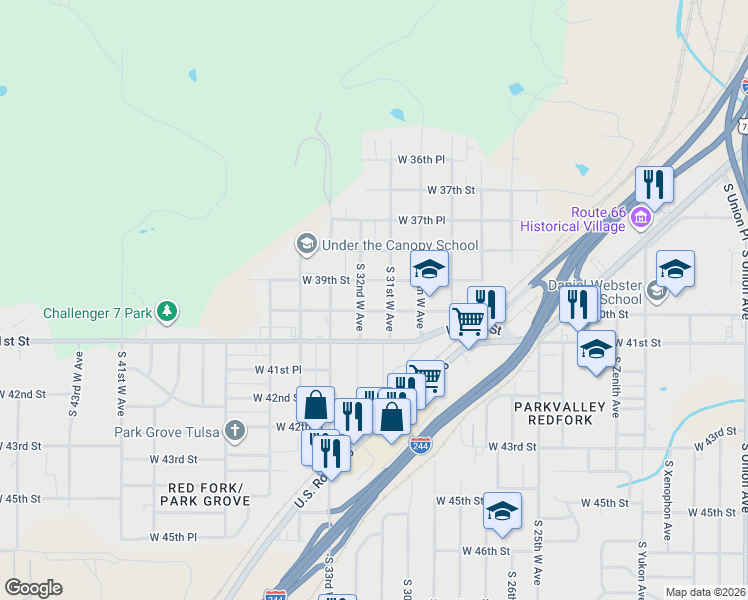 map of restaurants, bars, coffee shops, grocery stores, and more near 3104 West 39th Street in Tulsa
