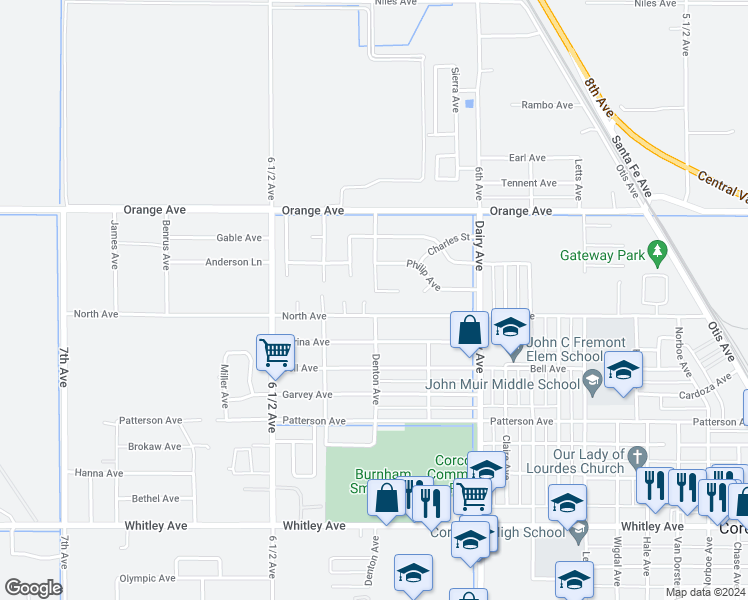 map of restaurants, bars, coffee shops, grocery stores, and more near 555 North Court in Corcoran