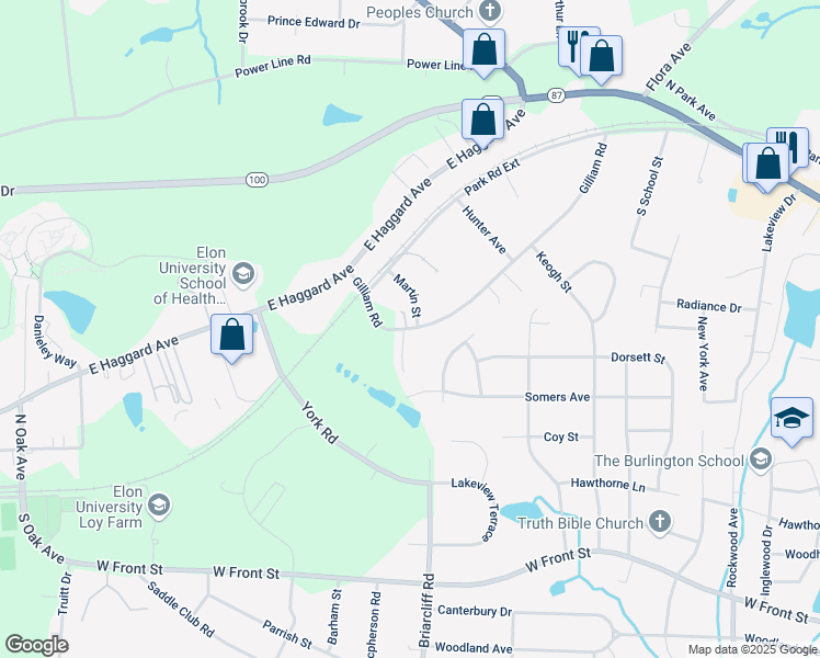map of restaurants, bars, coffee shops, grocery stores, and more near 2808 Gilliam Road in Burlington