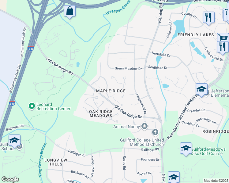 map of restaurants, bars, coffee shops, grocery stores, and more near 5203 Foxhall Court in Greensboro