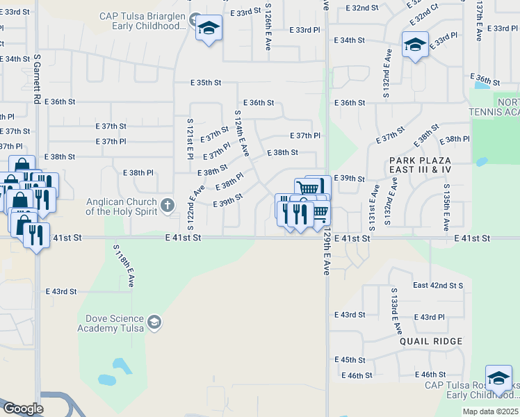 map of restaurants, bars, coffee shops, grocery stores, and more near 12502 East 39th Place in Tulsa