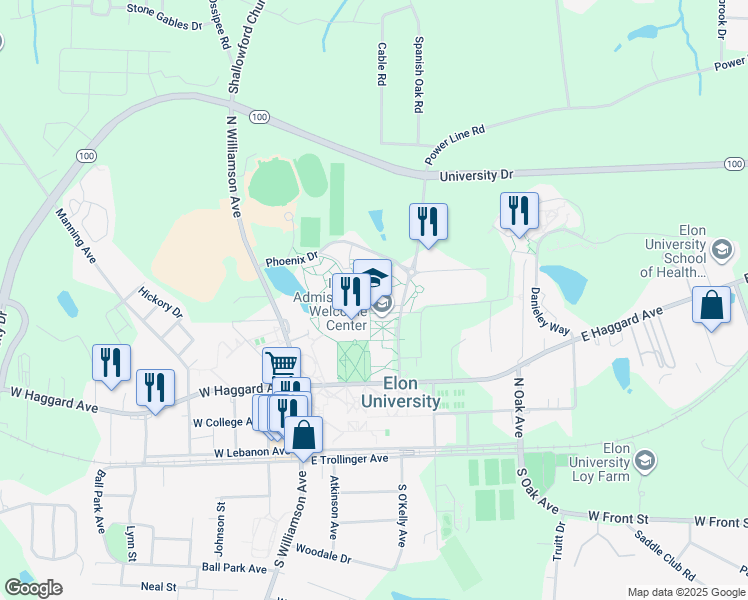 map of restaurants, bars, coffee shops, grocery stores, and more near 3185 Bill Loy Drive in Elon