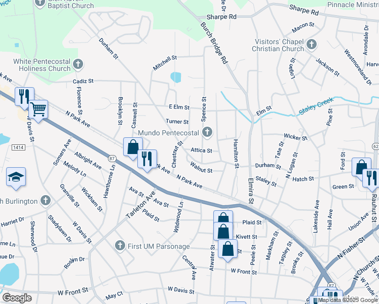 map of restaurants, bars, coffee shops, grocery stores, and more near 1209 Durham Street in Burlington