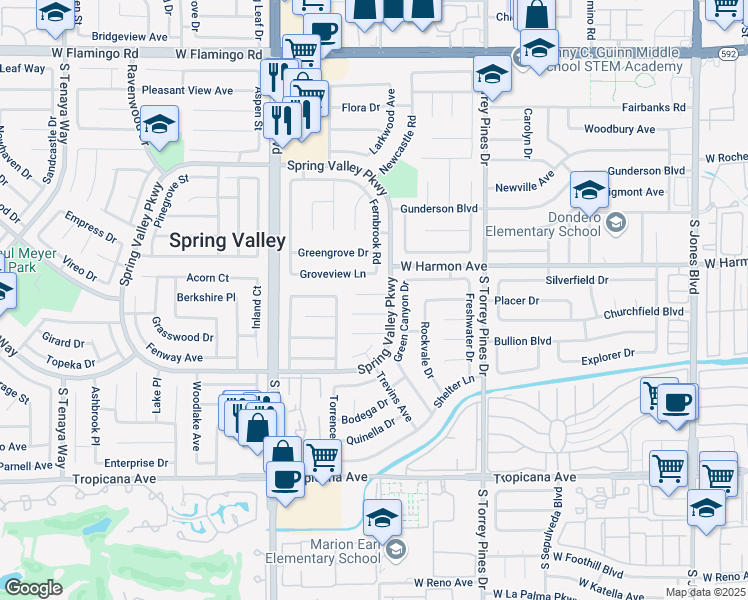 map of restaurants, bars, coffee shops, grocery stores, and more near 6717 Groveview Lane in Las Vegas