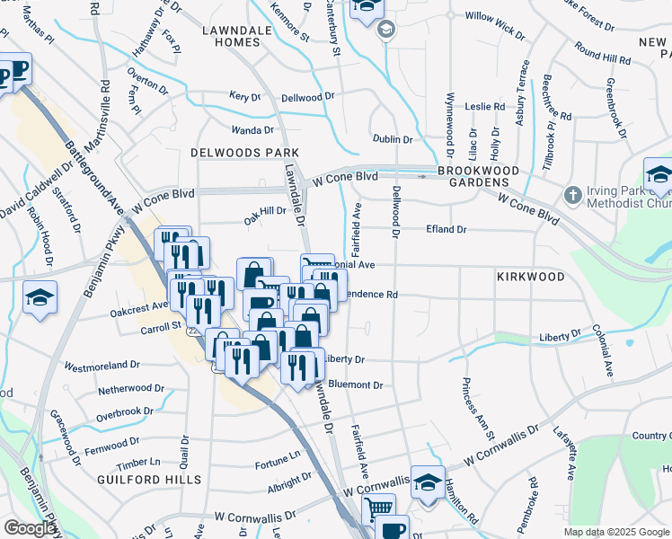 map of restaurants, bars, coffee shops, grocery stores, and more near 2007 Colonial Avenue in Greensboro