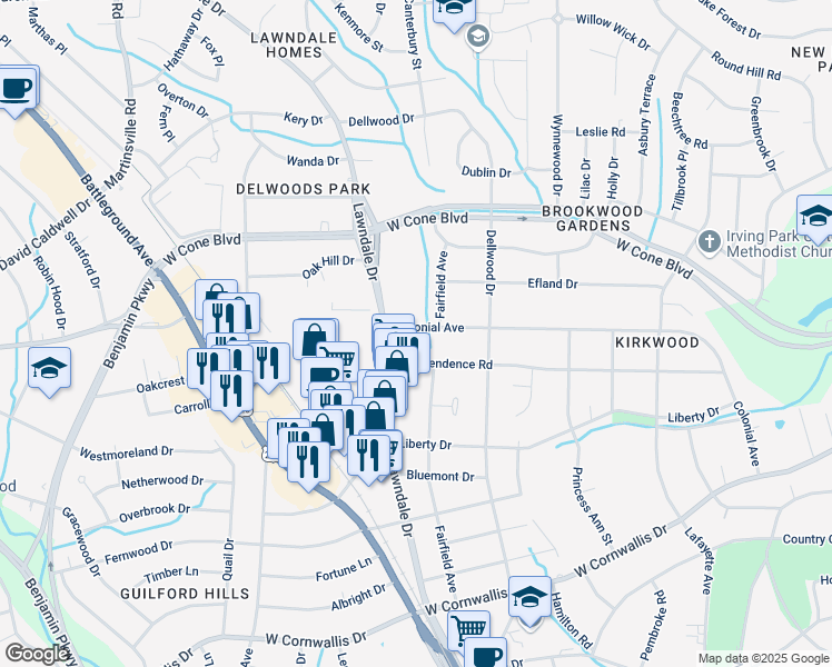 map of restaurants, bars, coffee shops, grocery stores, and more near 2007 Colonial Avenue in Greensboro