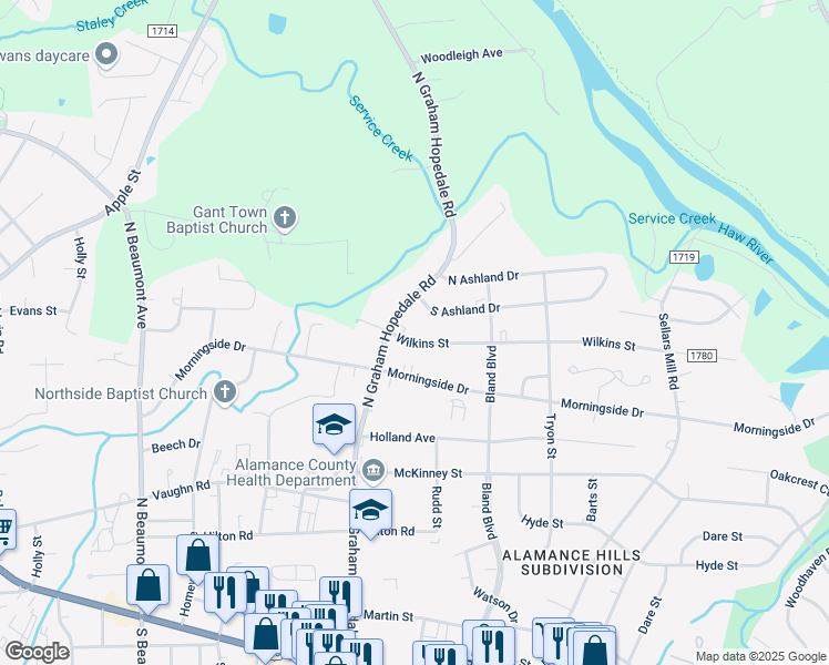 map of restaurants, bars, coffee shops, grocery stores, and more near 817 North Graham Hopedale Road in Burlington