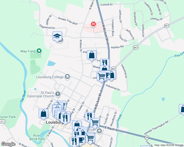 map of restaurants, bars, coffee shops, grocery stores, and more near 103 Loy Drive in Louisburg