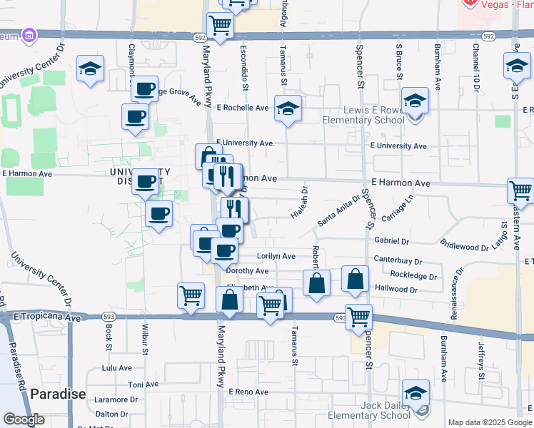 map of restaurants, bars, coffee shops, grocery stores, and more near 1420 Hialeah Drive in Las Vegas