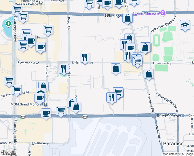 map of restaurants, bars, coffee shops, grocery stores, and more near 4699 Monterey Circle in Las Vegas