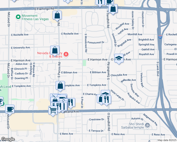 map of restaurants, bars, coffee shops, grocery stores, and more near 3646 Billman Avenue in Las Vegas