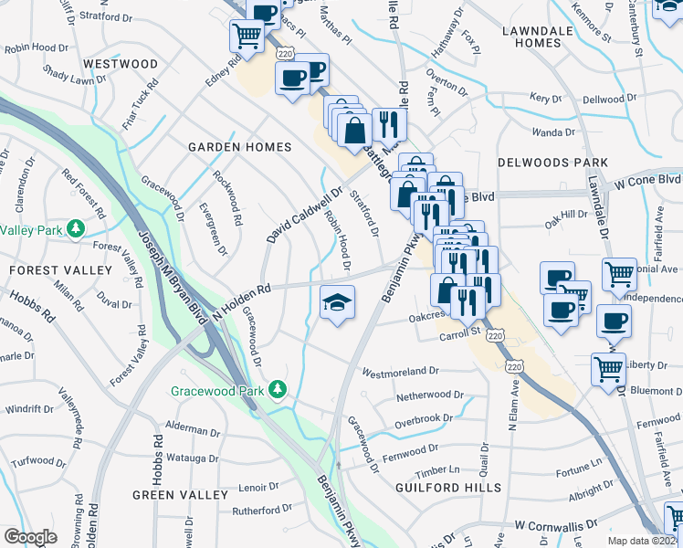 map of restaurants, bars, coffee shops, grocery stores, and more near 1805 North Holden Road in Greensboro