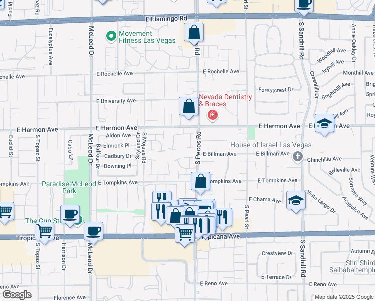 map of restaurants, bars, coffee shops, grocery stores, and more near 3355 Zephyr Court in Las Vegas