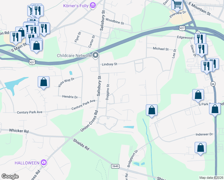 map of restaurants, bars, coffee shops, grocery stores, and more near 1019 Duggins Street in Kernersville