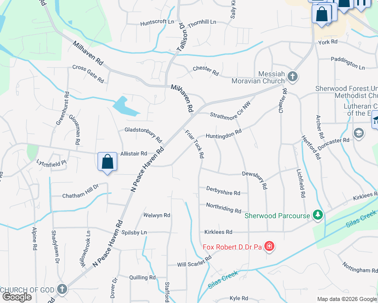 map of restaurants, bars, coffee shops, grocery stores, and more near 1045 Huntingdon Road in Winston-Salem