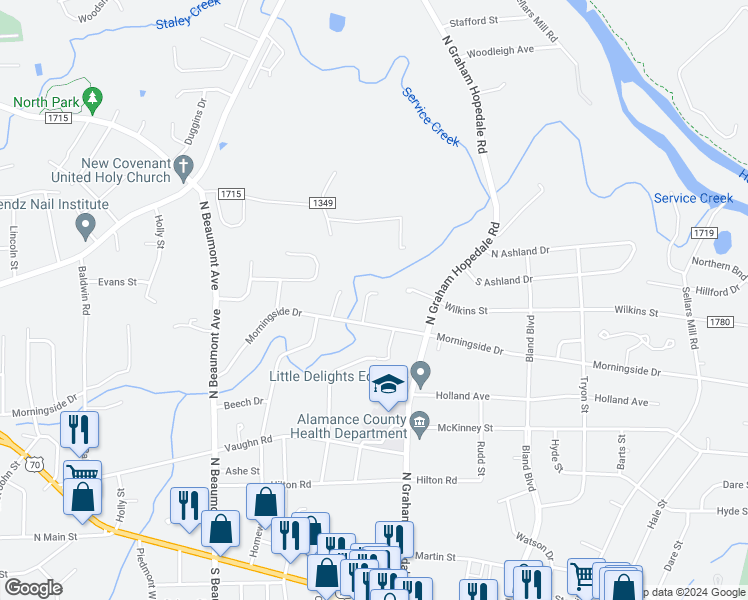 map of restaurants, bars, coffee shops, grocery stores, and more near 613 Ridgeway Drive in Burlington