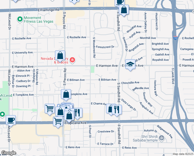 map of restaurants, bars, coffee shops, grocery stores, and more near 3646 Billman Avenue in Las Vegas