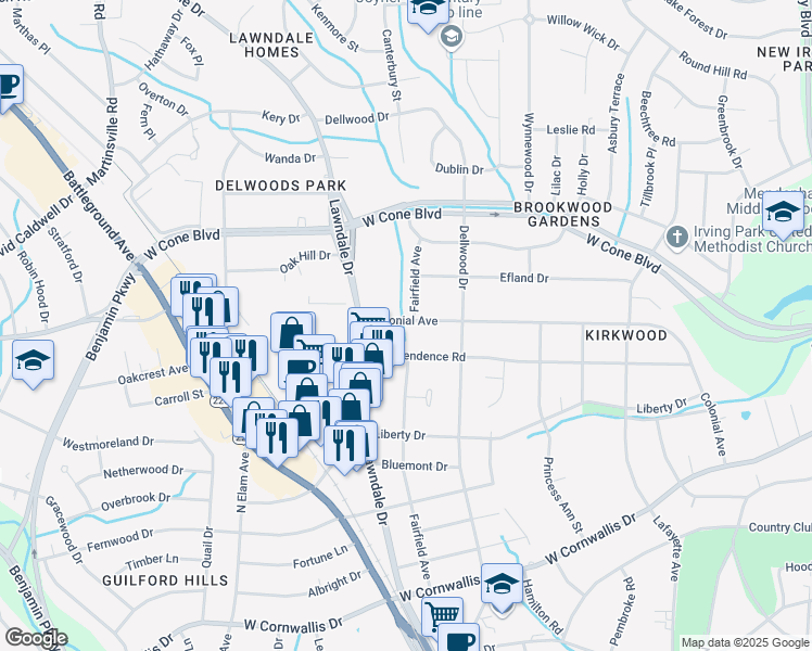 map of restaurants, bars, coffee shops, grocery stores, and more near 2008 Colonial Avenue in Greensboro