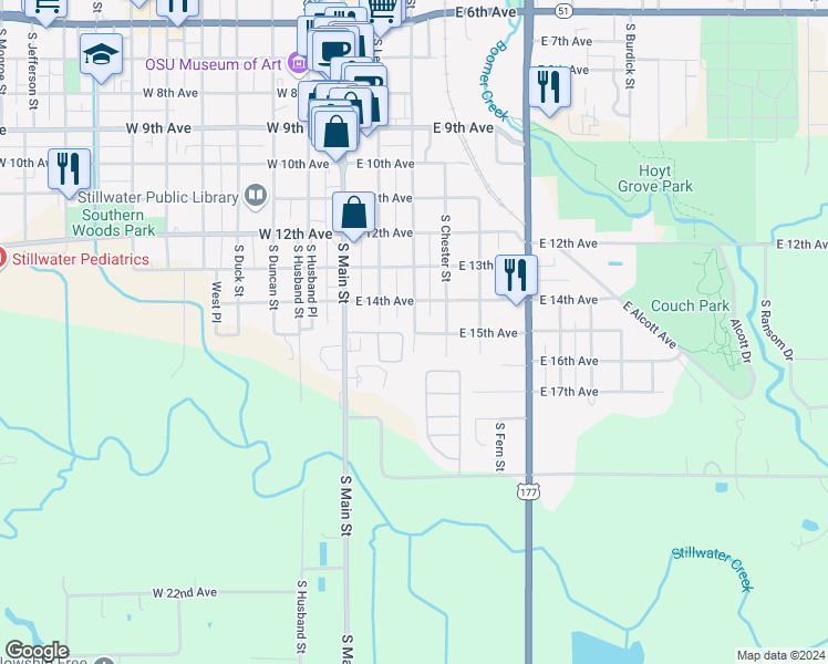 map of restaurants, bars, coffee shops, grocery stores, and more near 1620 South Lowry Street in Stillwater
