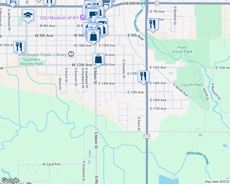 map of restaurants, bars, coffee shops, grocery stores, and more near 1616 South Lowry Street in Stillwater