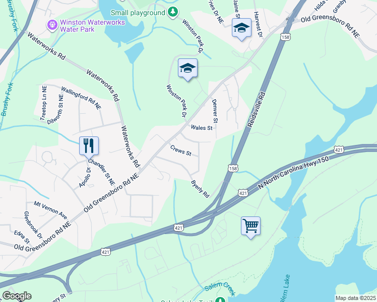 map of restaurants, bars, coffee shops, grocery stores, and more near 425 Crews Street in Winston-Salem