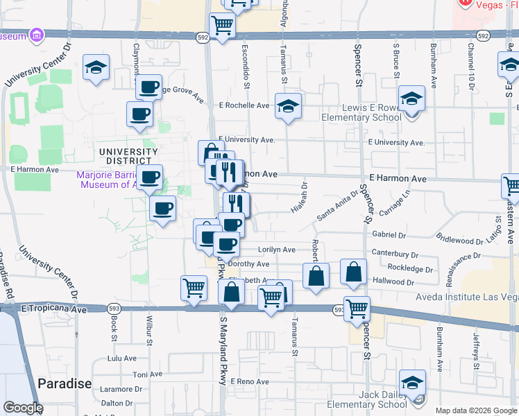 map of restaurants, bars, coffee shops, grocery stores, and more near 1459 Living Desert Drive in Las Vegas