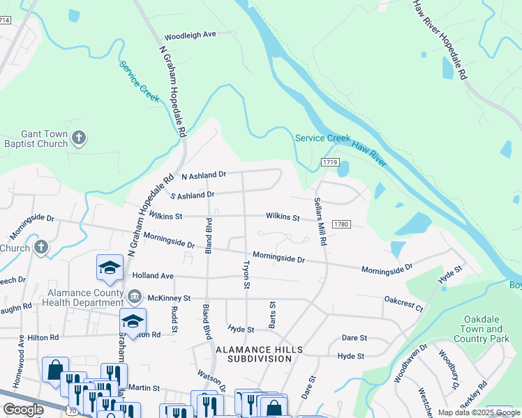 map of restaurants, bars, coffee shops, grocery stores, and more near 2104 South Ashland Drive in Burlington