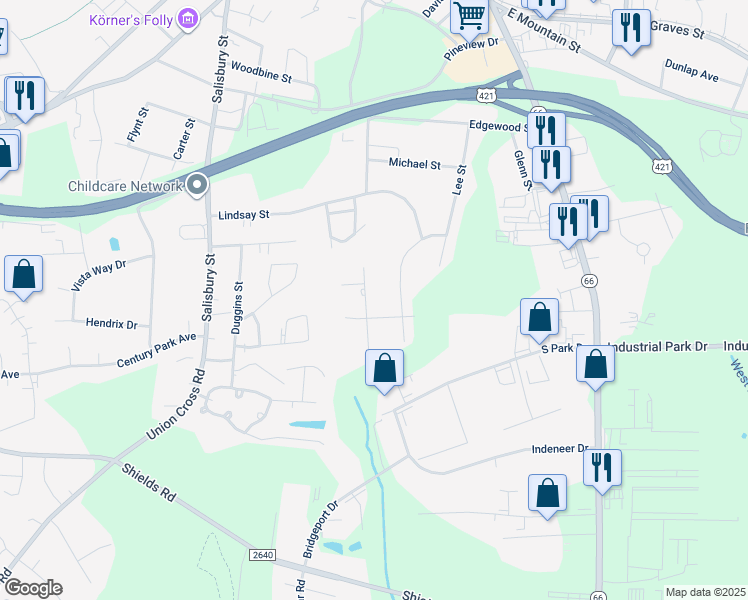 map of restaurants, bars, coffee shops, grocery stores, and more near 923 Grande Lane in Kernersville