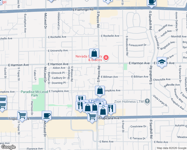 map of restaurants, bars, coffee shops, grocery stores, and more near 3355 Zephyr Court in Las Vegas