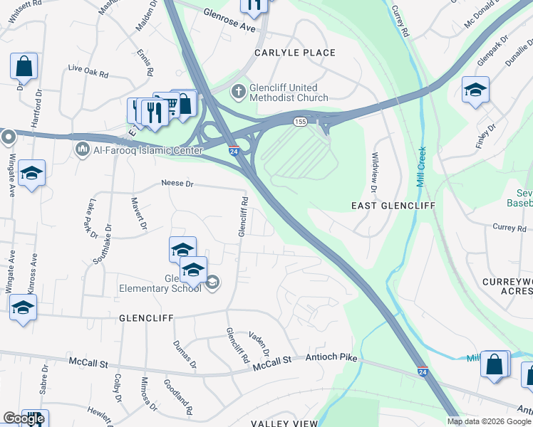 map of restaurants, bars, coffee shops, grocery stores, and more near 3134 Glencliff Road in Nashville