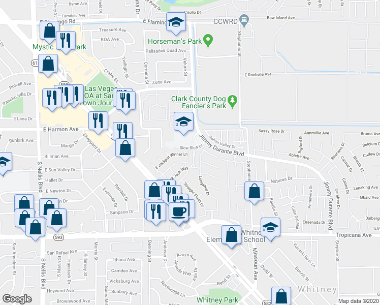 map of restaurants, bars, coffee shops, grocery stores, and more near 4525 Jimmy Durante Boulevard in Las Vegas