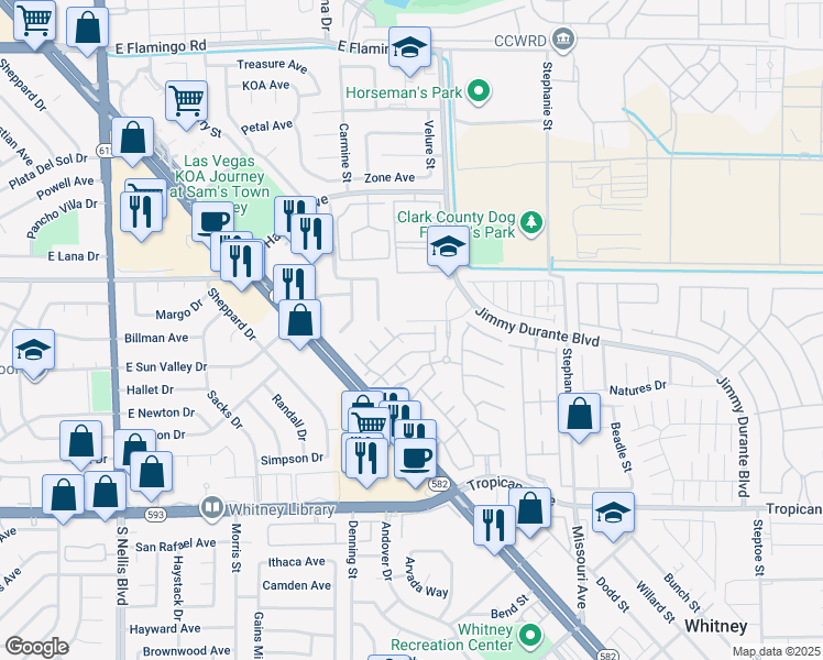 map of restaurants, bars, coffee shops, grocery stores, and more near 4525 Jimmy Durante Boulevard in Las Vegas