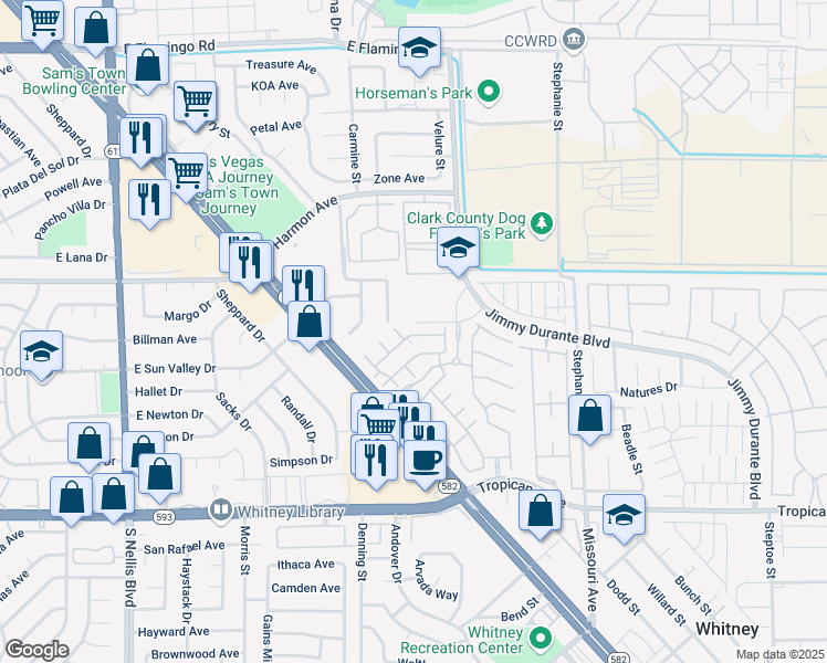 map of restaurants, bars, coffee shops, grocery stores, and more near 4525 Jimmy Durante Boulevard in Las Vegas