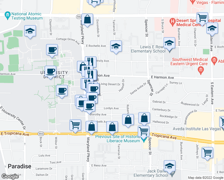 map of restaurants, bars, coffee shops, grocery stores, and more near 1459 Living Desert Drive in Las Vegas