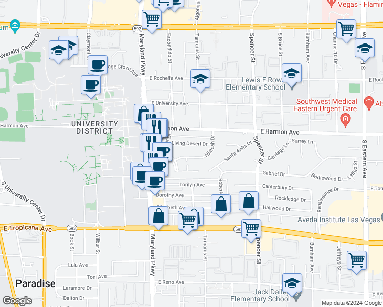 map of restaurants, bars, coffee shops, grocery stores, and more near 1459 Living Desert Drive in Las Vegas