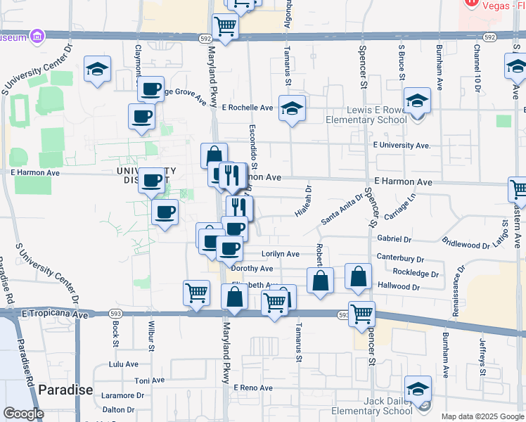 map of restaurants, bars, coffee shops, grocery stores, and more near 1459 Living Desert Drive in Las Vegas
