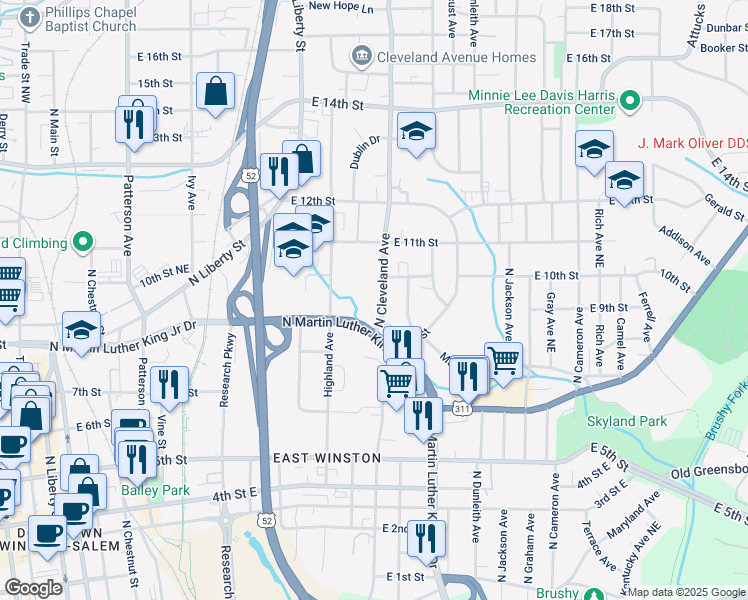 map of restaurants, bars, coffee shops, grocery stores, and more near 930 North Cleveland Avenue in Winston-Salem