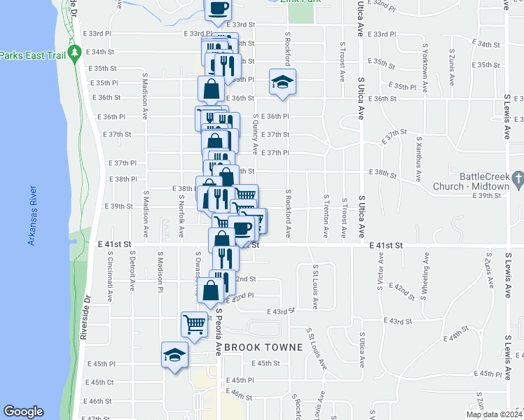 map of restaurants, bars, coffee shops, grocery stores, and more near 1408 East 38th Street in Tulsa