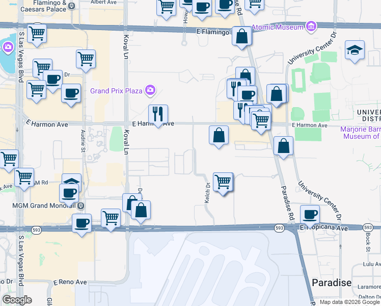 map of restaurants, bars, coffee shops, grocery stores, and more near 335 East Harmon Avenue in Las Vegas