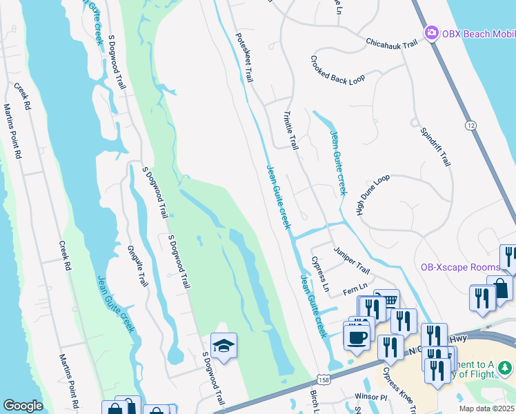 map of restaurants, bars, coffee shops, grocery stores, and more near 69 Duck Woods Drive in Kitty Hawk