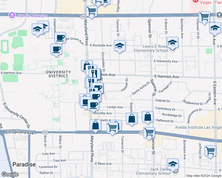 map of restaurants, bars, coffee shops, grocery stores, and more near 1420 Hialeah Drive in Las Vegas