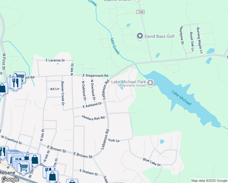 map of restaurants, bars, coffee shops, grocery stores, and more near 623 Oakfield Tr in Mebane