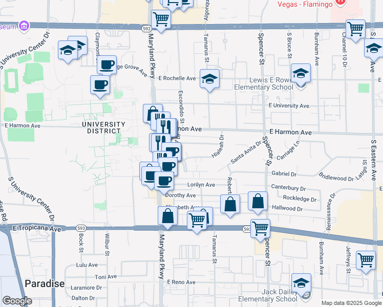 map of restaurants, bars, coffee shops, grocery stores, and more near 1400 Hialeah Drive in Las Vegas