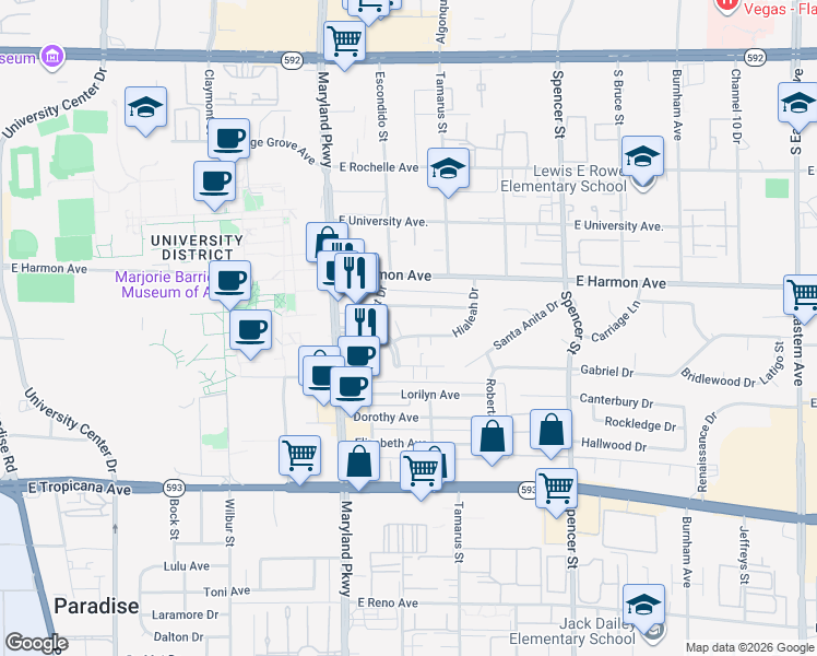 map of restaurants, bars, coffee shops, grocery stores, and more near 1400 Hialeah Drive in Las Vegas